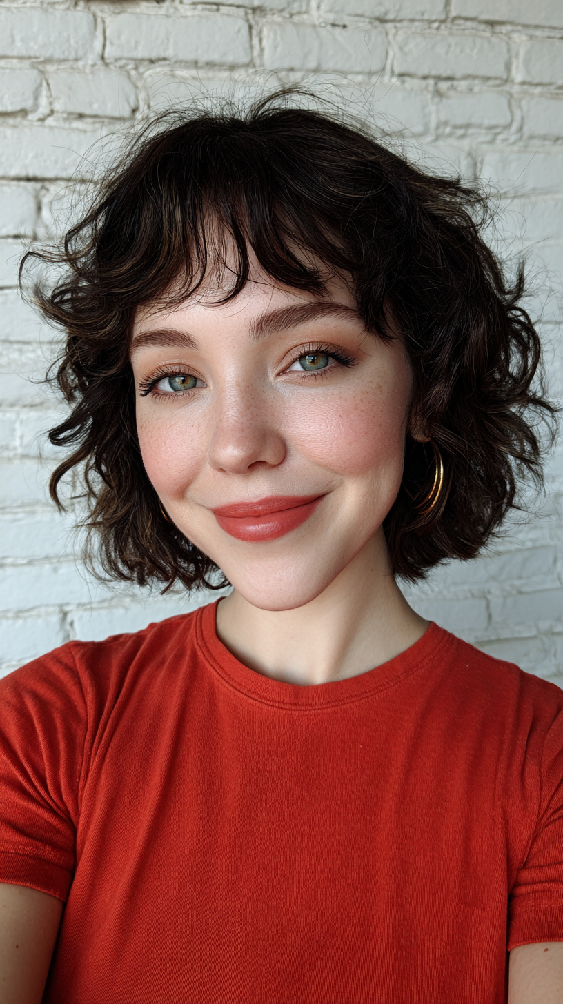 Chic Textured Curly Bob with Defined Bangs