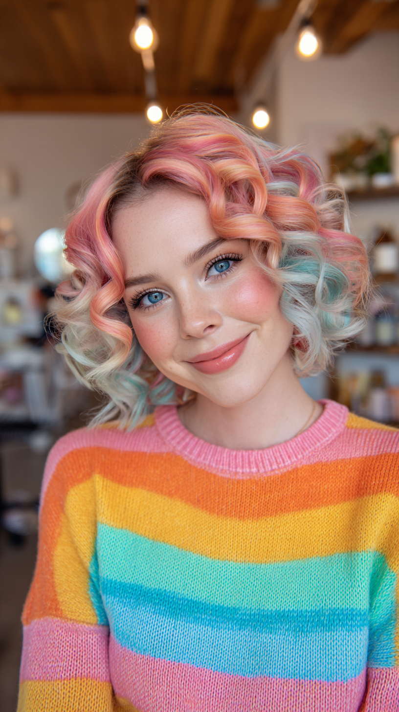 Colorful Curly Lob with Playful Pastel Highlights