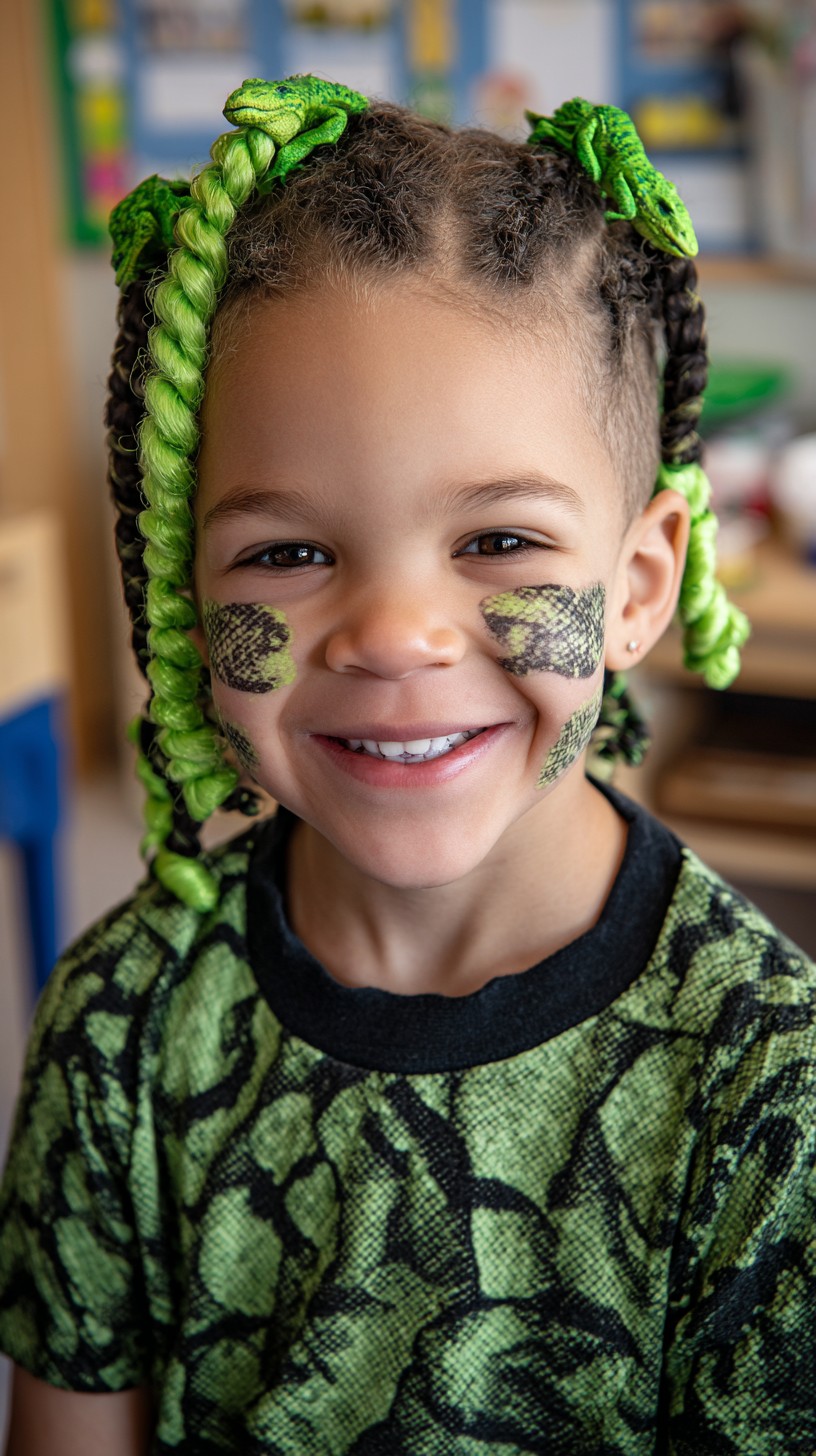 Expressive Green Twisted Braids with Playful Reptile Accents