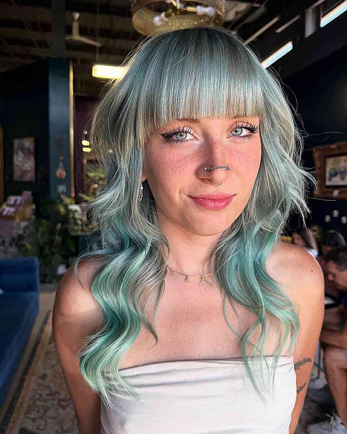 Pastel Blue Wavy Hair with Fringe