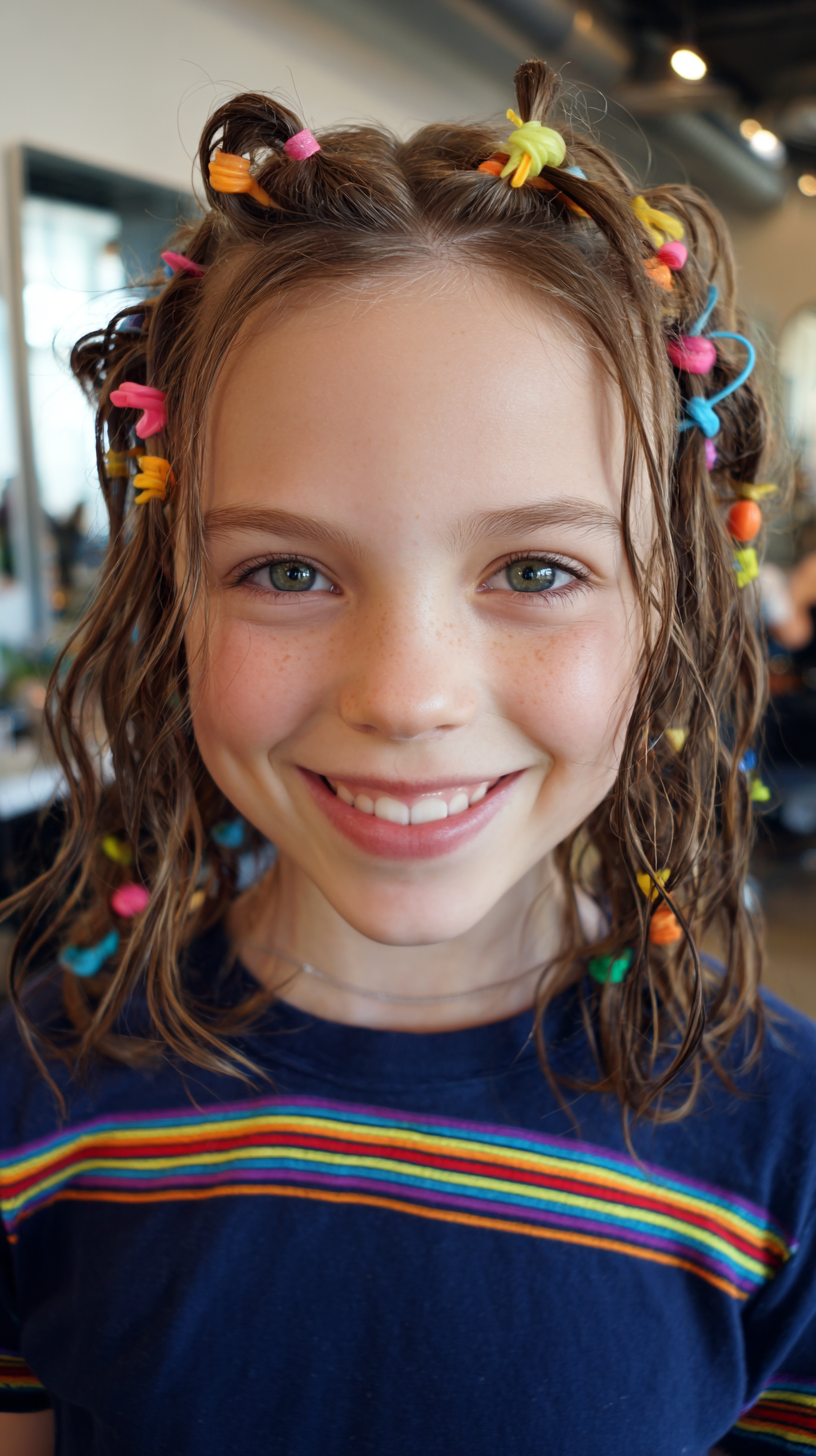 Playful Curly Hairstyle with Colorful Accessories