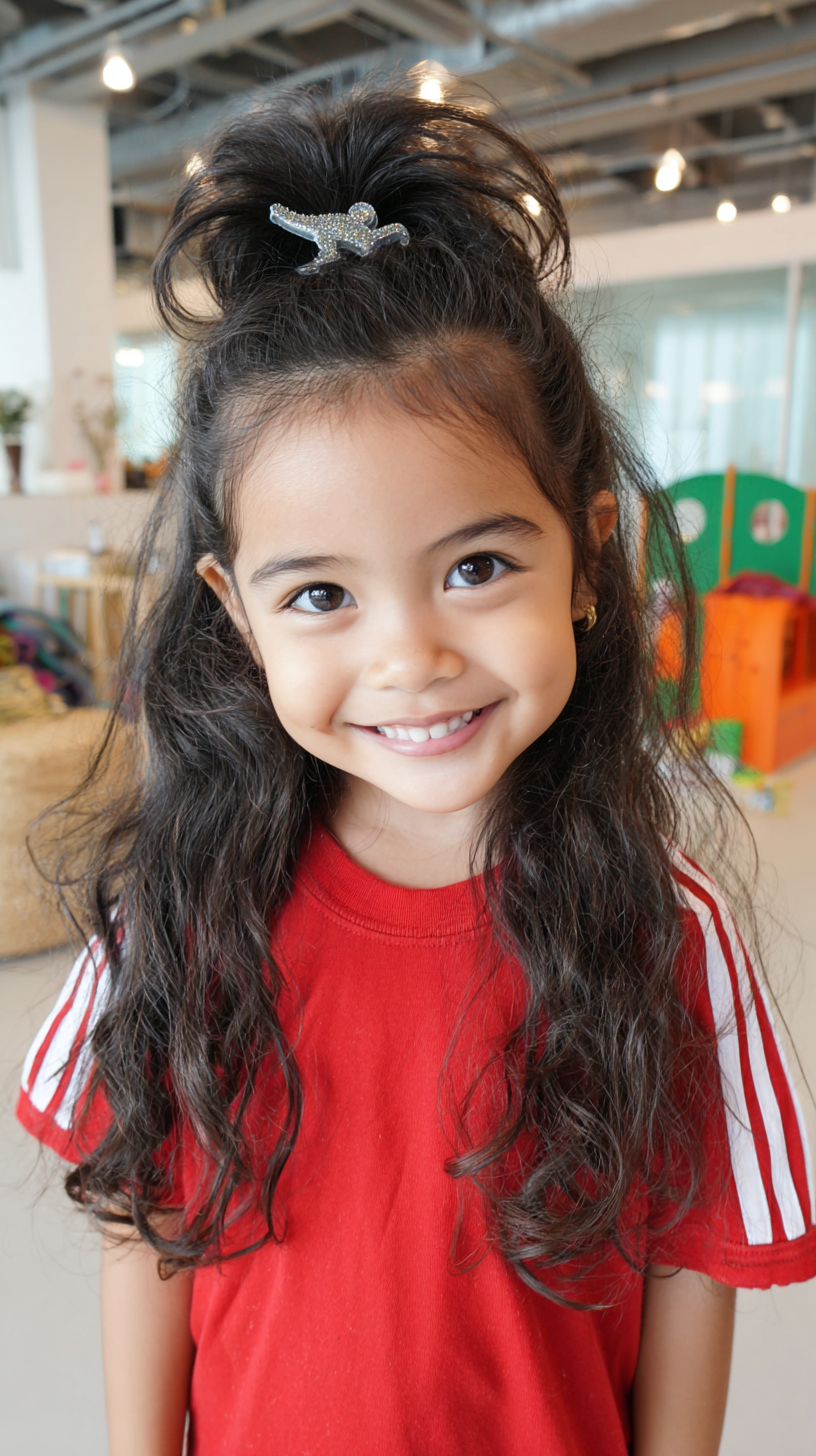 Playful Curly Half-Up Hairstyle with a Sparkly Clip