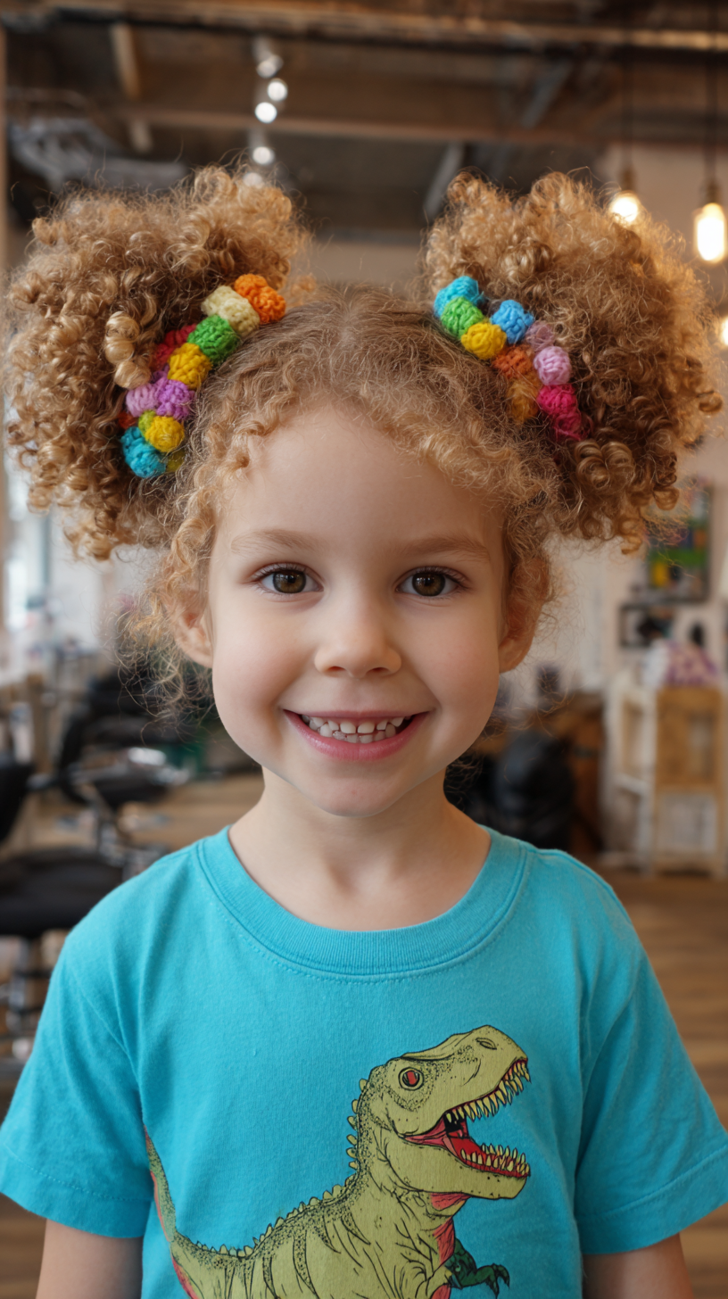 Playful Curly Pigtails with Colorful Crochet Accents
