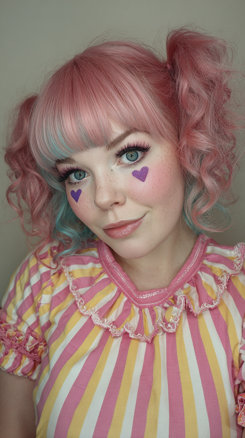 Playful Curly Pigtails with Vibrant Pastel Accents