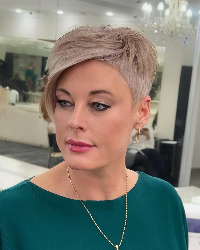 Soft Ash Blonde Layered Pixie with Tapered Back
