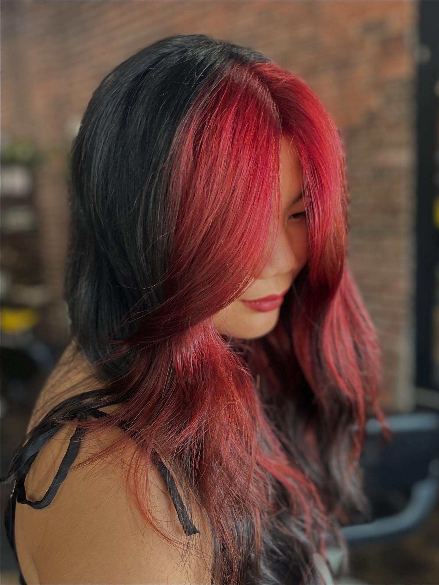 Striking Black-to-Red Long Ombre with Soft Waves