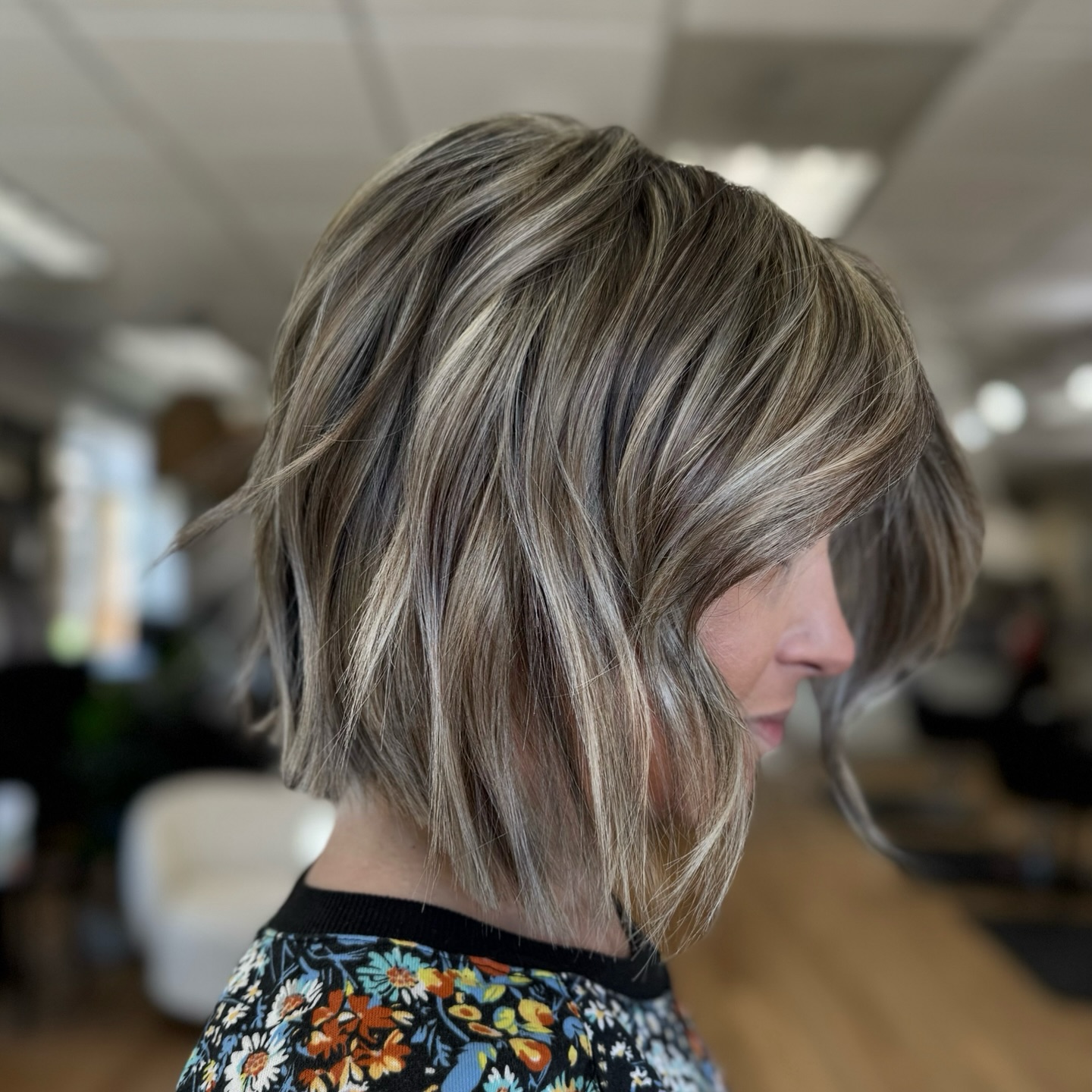 Subtle Silver and Blonde Balayage on Textured Bob
