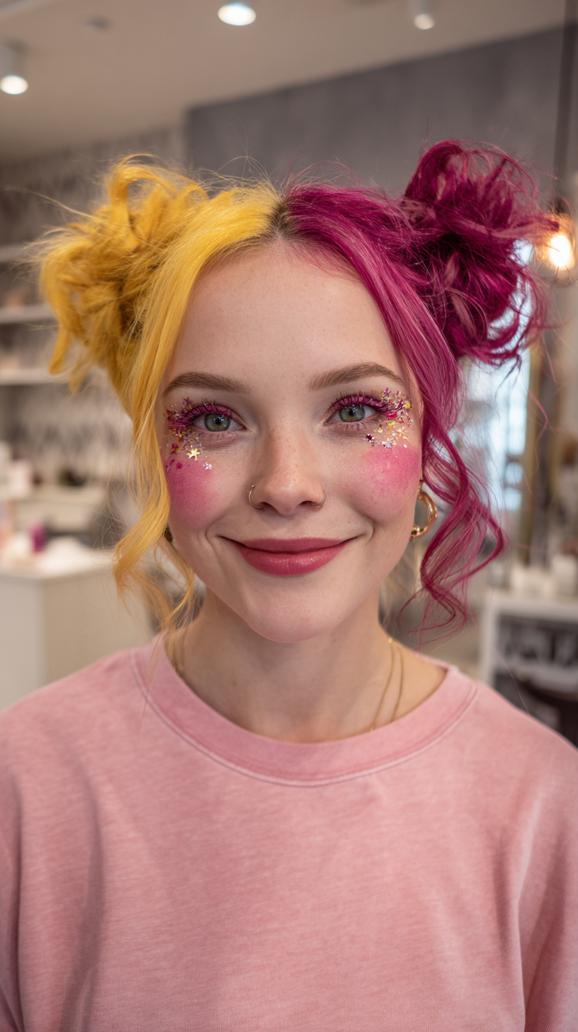 Vibrant Dual-Toned Buns with Whimsical Curls