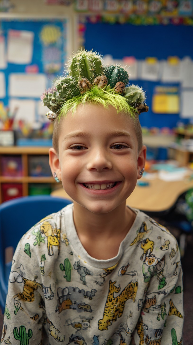 Vibrant Neon Green Buzz Cut with Playful Cactus Crown