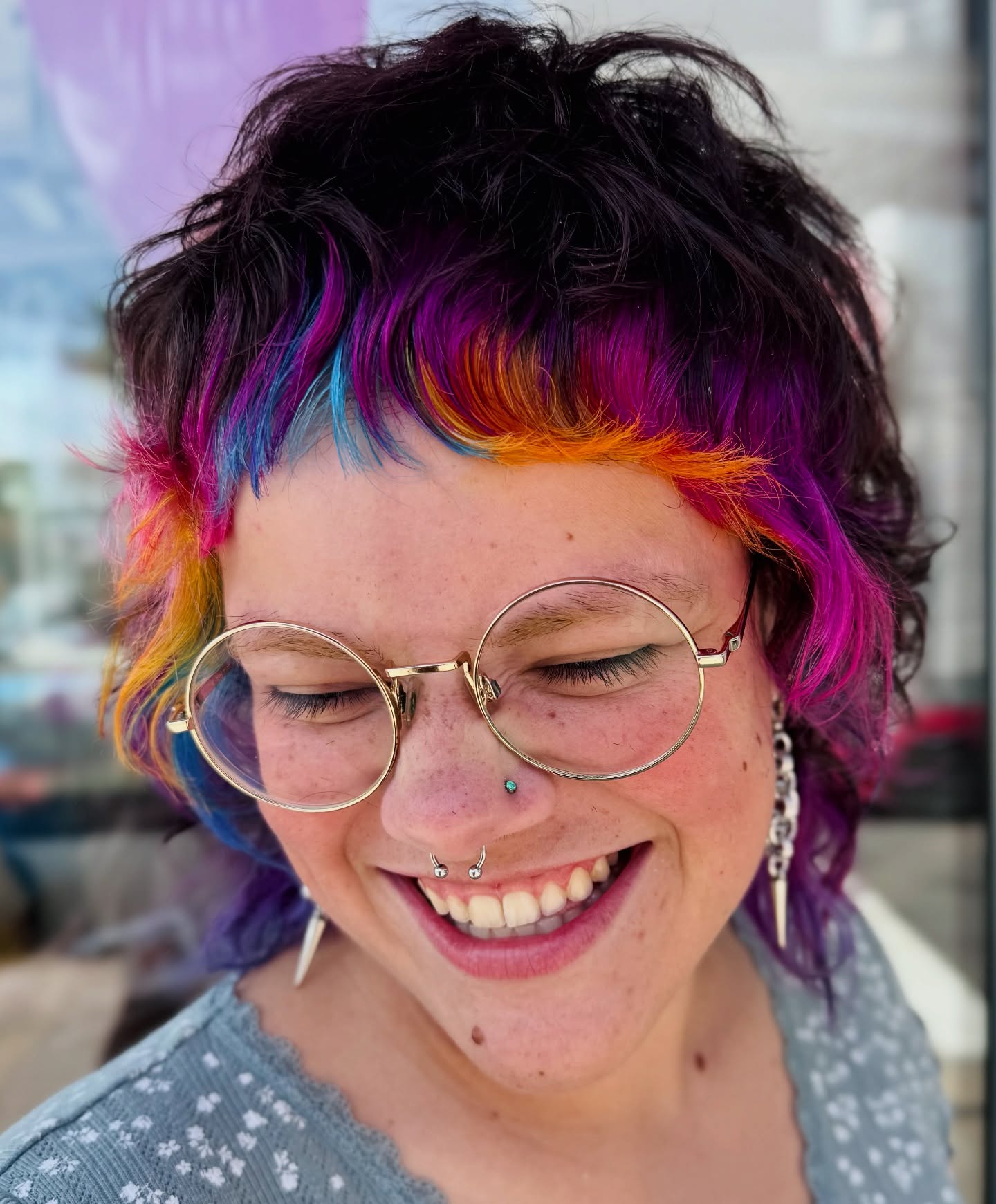 Vibrant Rainbow Textured Shag with Micro Bangs
