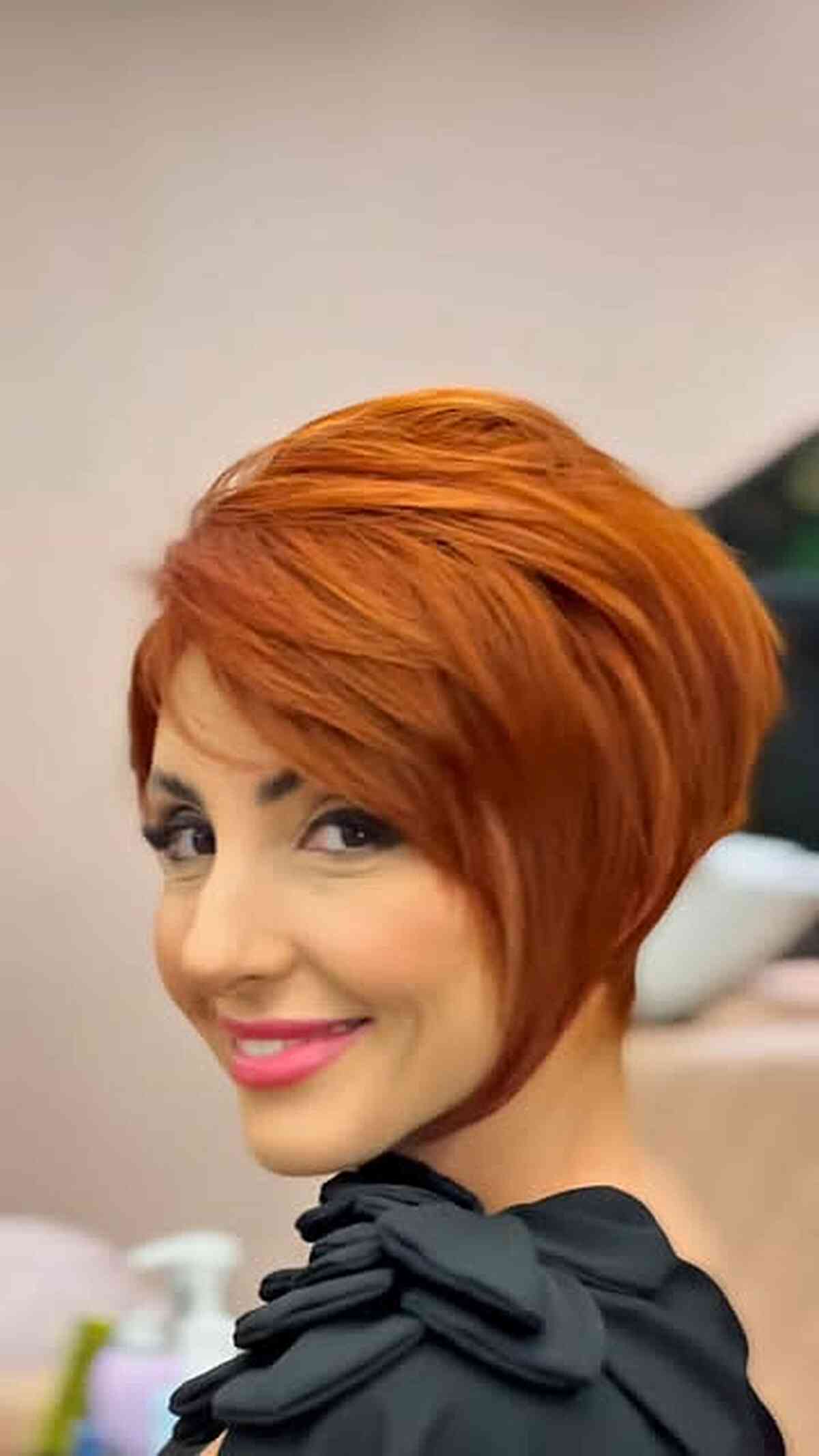 Vibrant Short Stacked Pixie Bob with Side Part