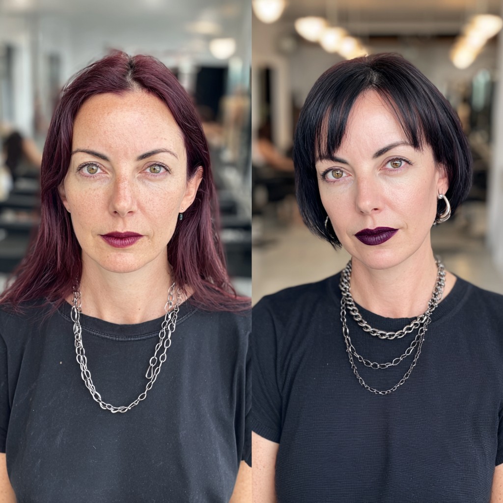 Bold Wine-to-Black Transition Bob with Textured Bangs