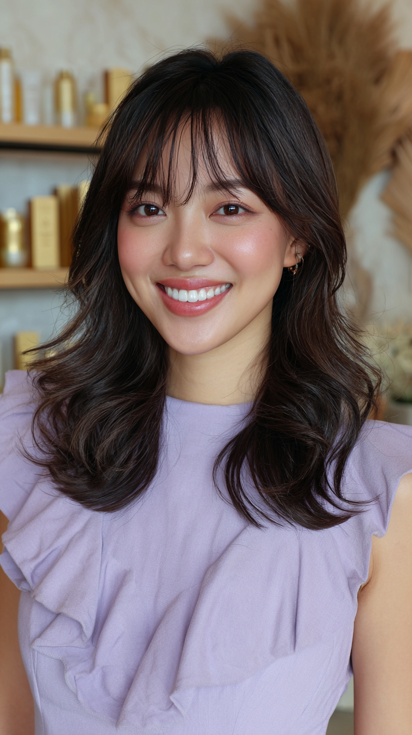 Chic Layered Mid-Length Wavy Cut with Soft Bangs