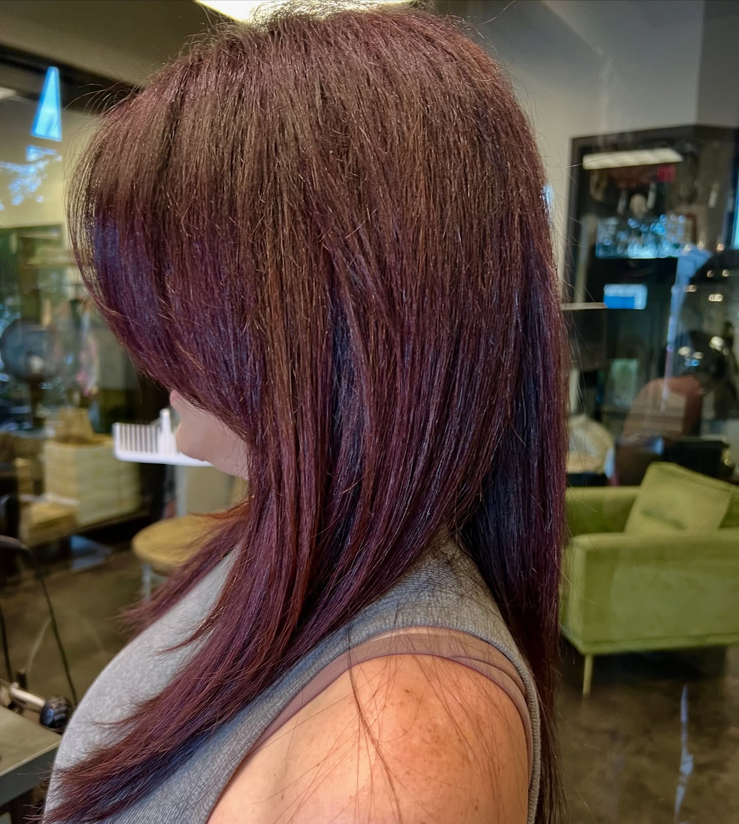 Deep Burgundy Layered Lob with Subtle Highlights