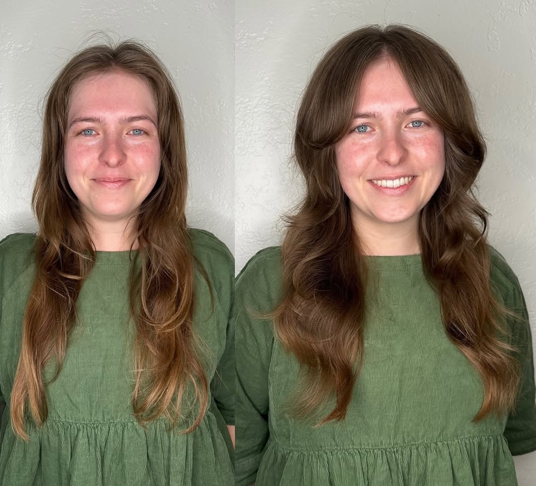 Effortless Natural Brunette Waves with Swooping Bangs