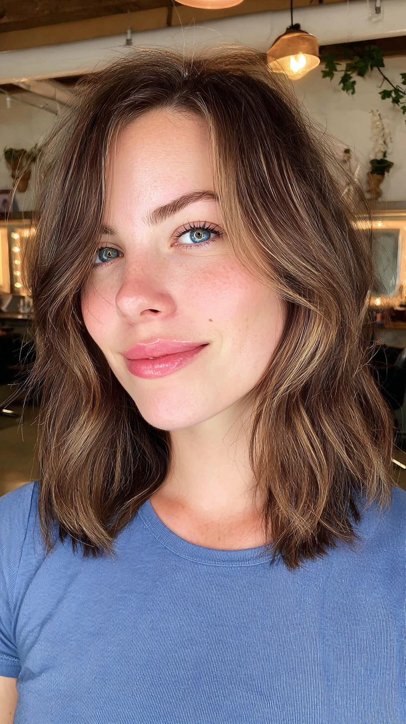 Effortlessly Chic Layered Long Bob with Soft Textured Waves