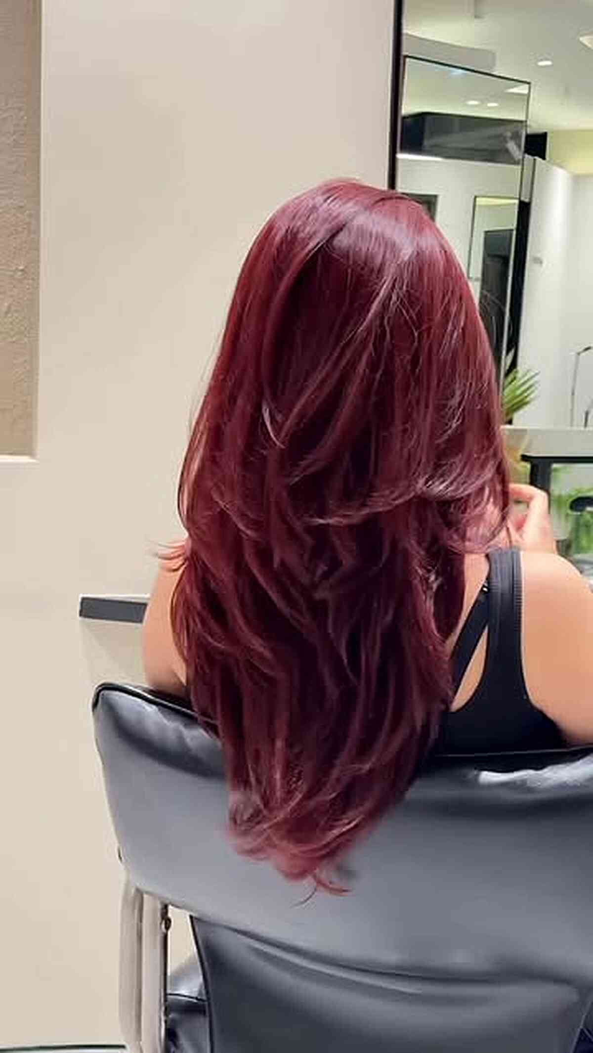 Long Layered Deep Burgundy Haircut