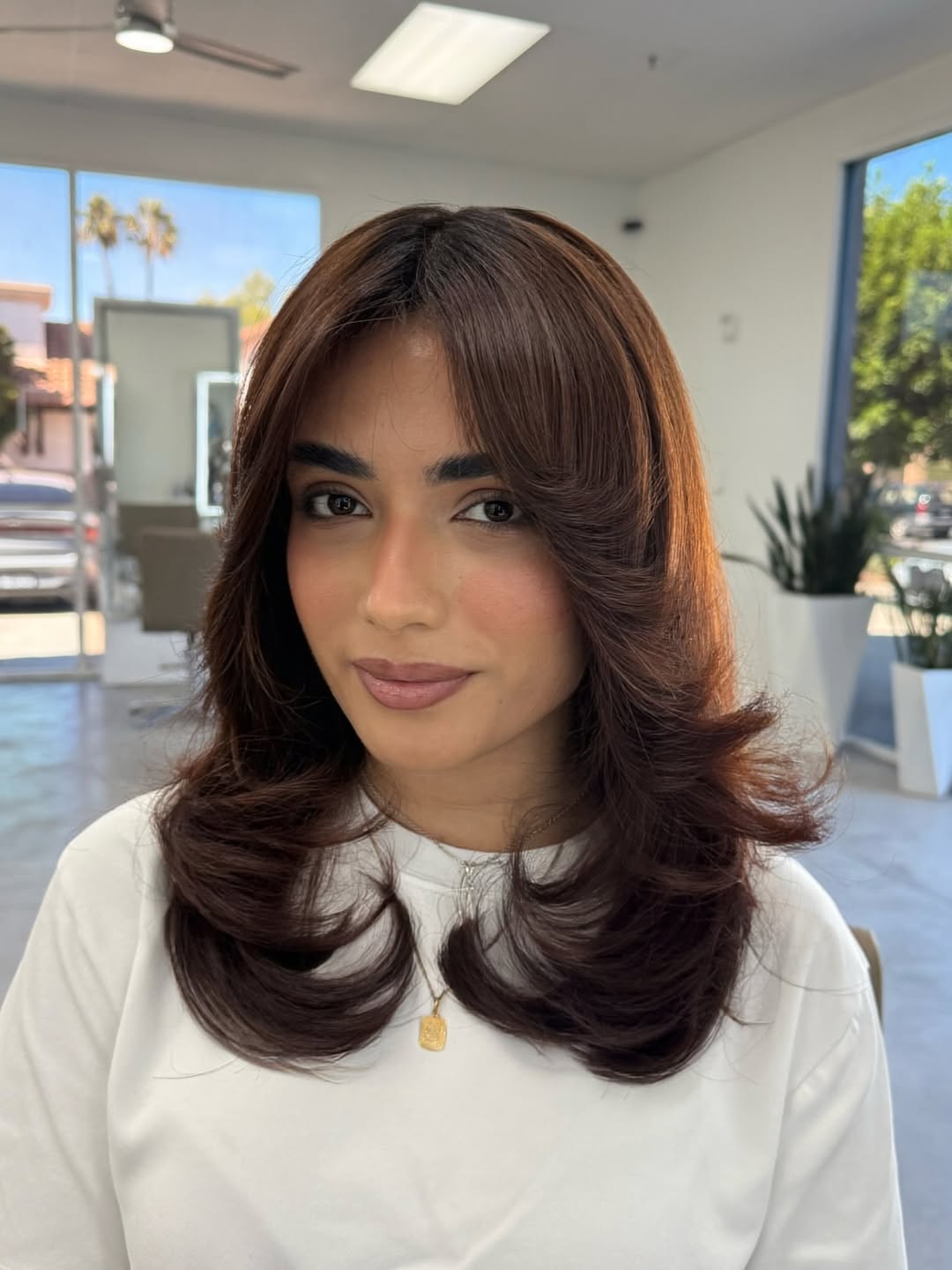 Rich Chestnut Curtain Bangs with Soft Layering