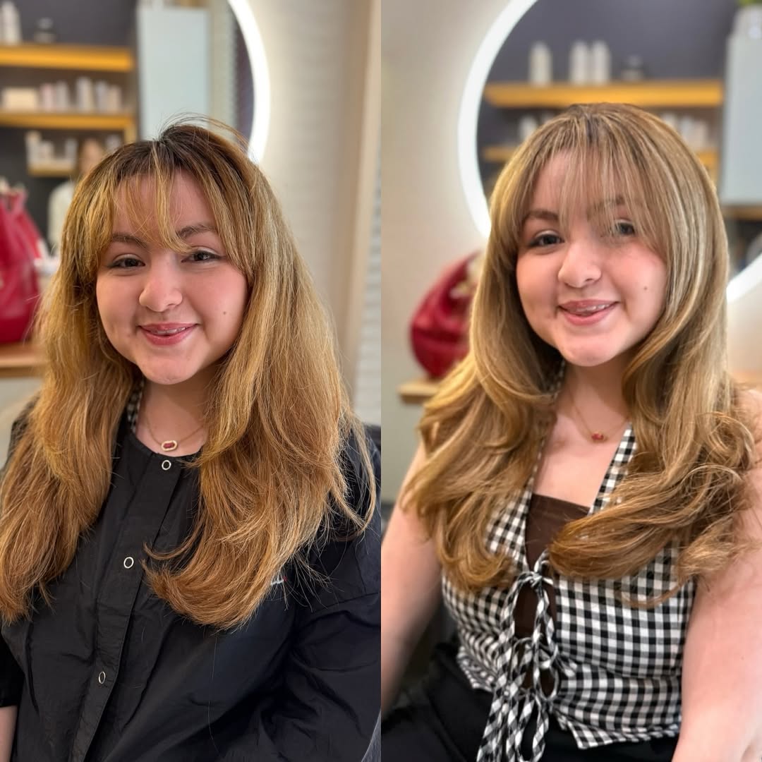 Sun-Kissed Golden Layers with Seamless Curtain Bangs