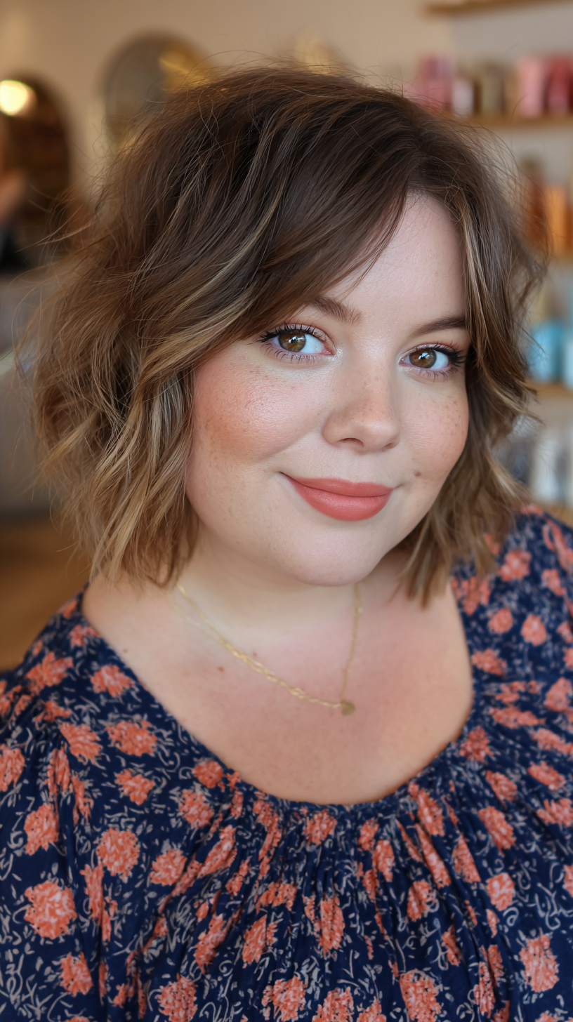Textured Bob with Soft Waves for a Round Face