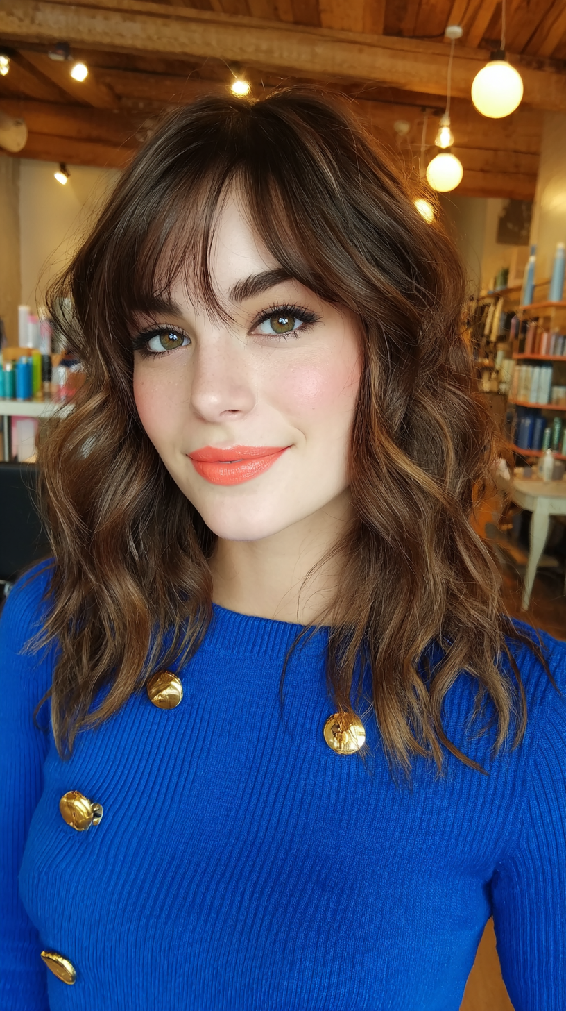 Textured Mid-Length Wavy Cut with Soft Curtain Bangs