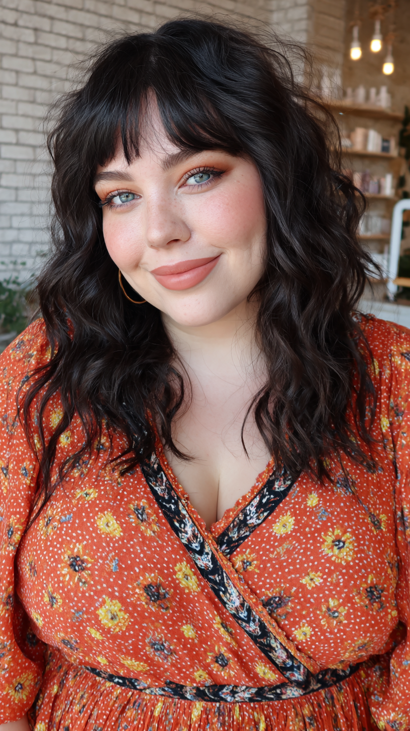 Textured Shoulder-Length Waves with Soft Bangs