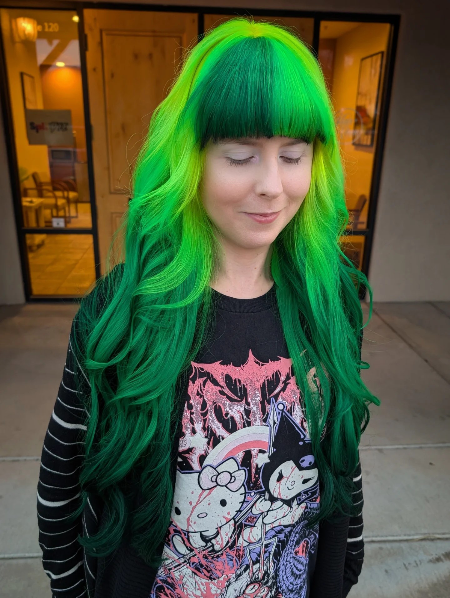 Vibrant Green Ombre with Sleek Bangs
