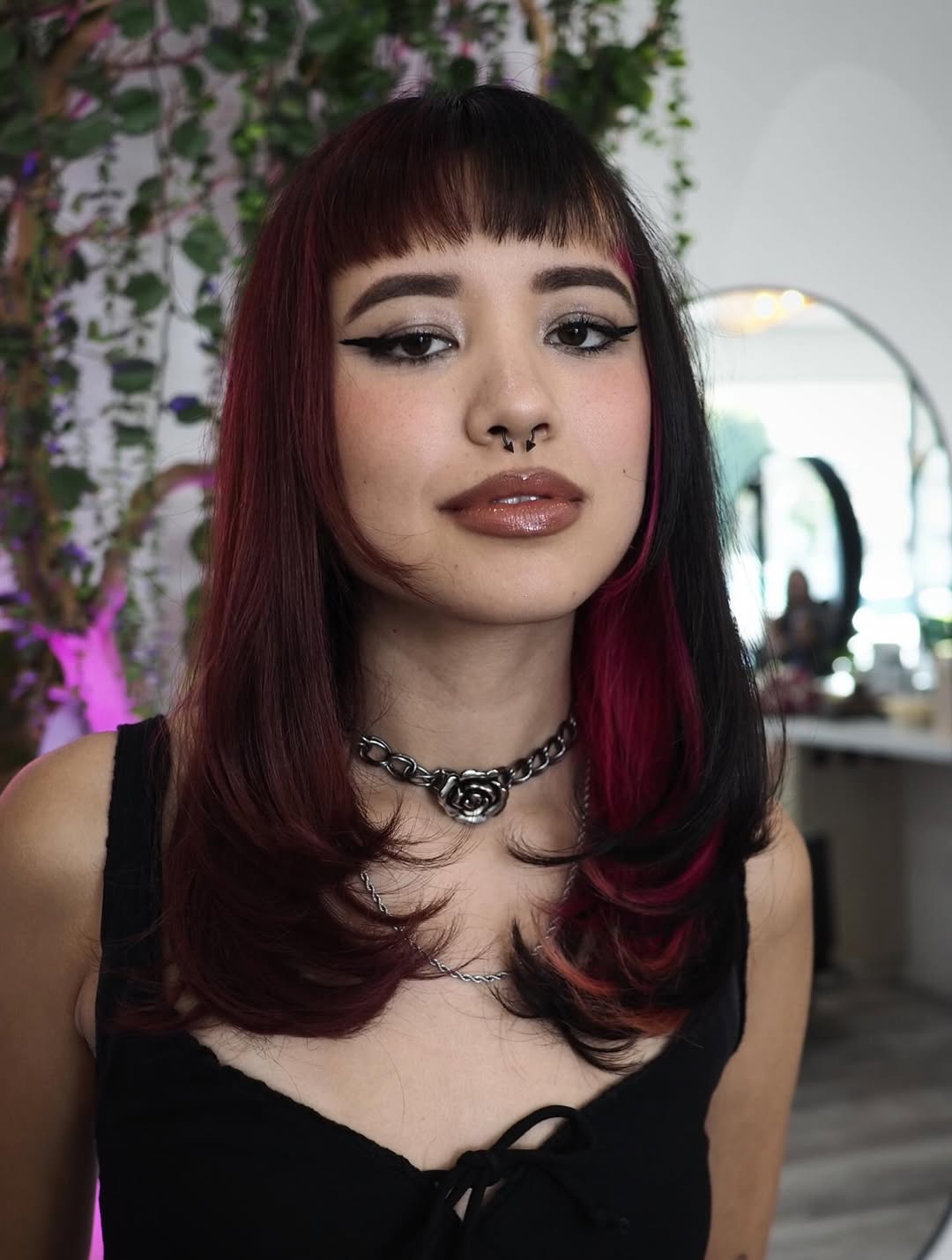 Burgundy Layers with Blunt Micro Bangs