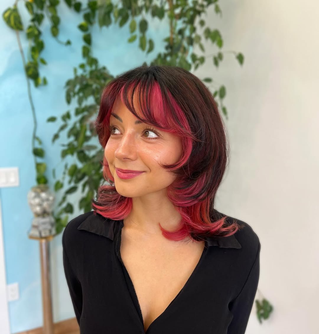 Cherry-Red Highlights on Cascading Chestnut Waves