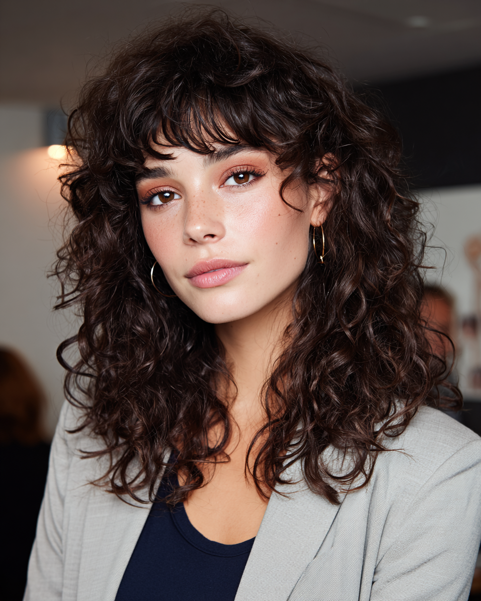Chic Curly Hair with Soft Fringe and Defined Layers