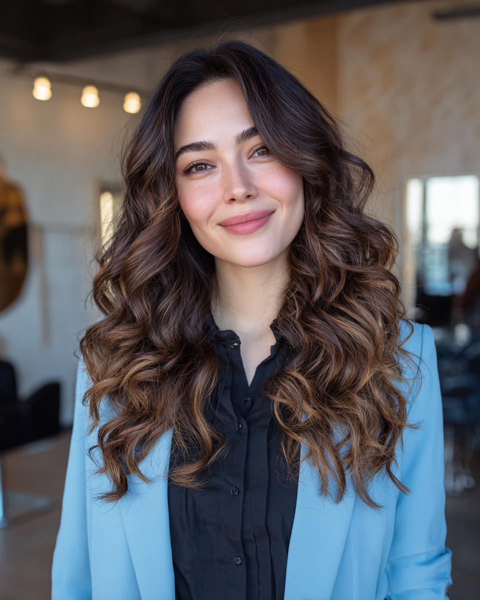 Chic Long Layered Curls with Sun-Kissed Highlights