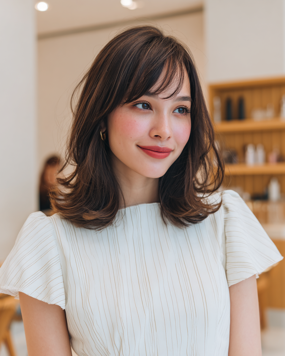 Chic Shoulder-Length Layered Haircut with Wispy Bangs