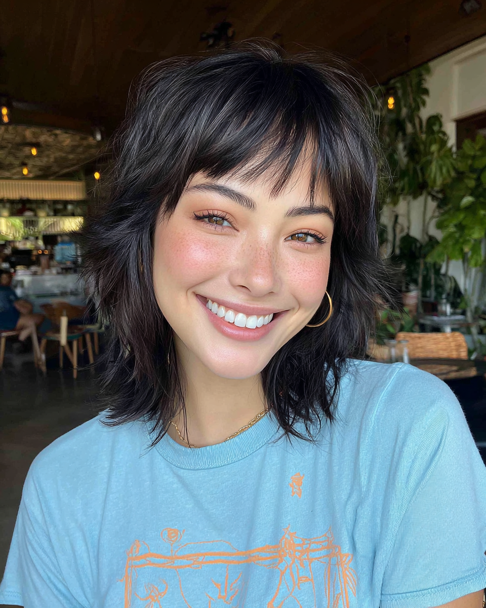 Chic Textured Shag with Playful Bangs