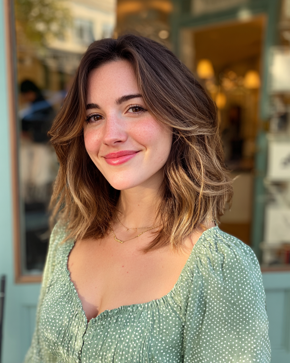 Chic Tousled Mid-Length Cut with Sun-Kissed Highlights