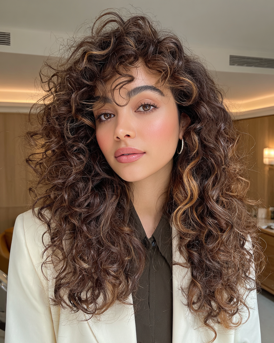 Chic Voluminous Curly Layers with Face-Framing Highlights