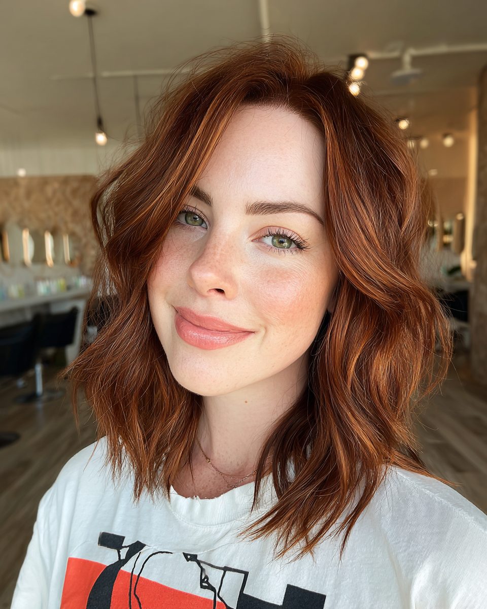 Chic Wavy Lob with Rich Auburn Tones
