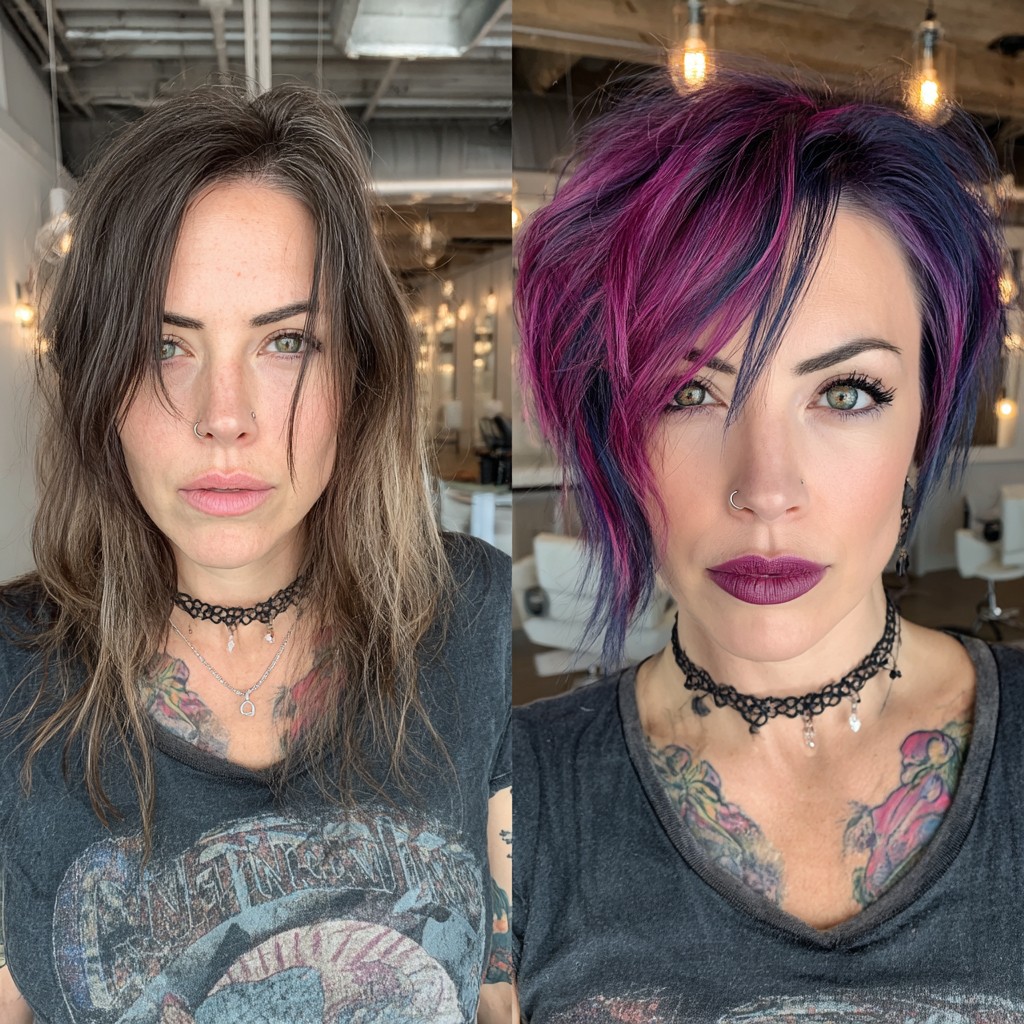 Dramatic Contrast Pixie with Vivid Purple Highlights