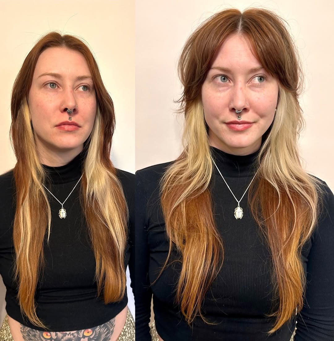 Effortless Auburn Curtain Bangs and Waves