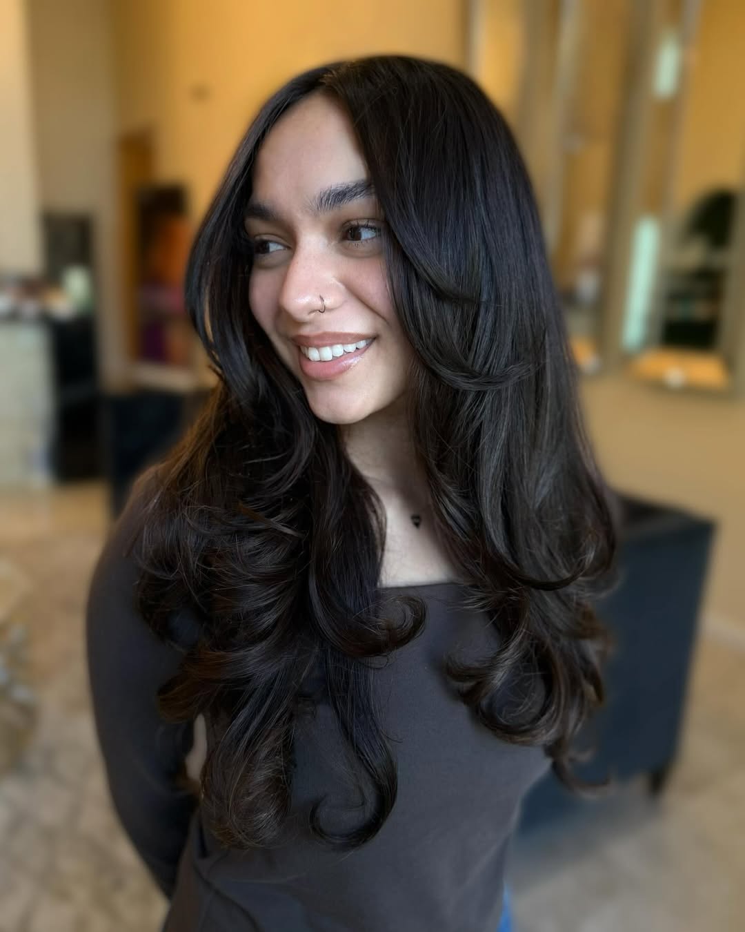 Flowing Espresso Curls with Voluminous Layers