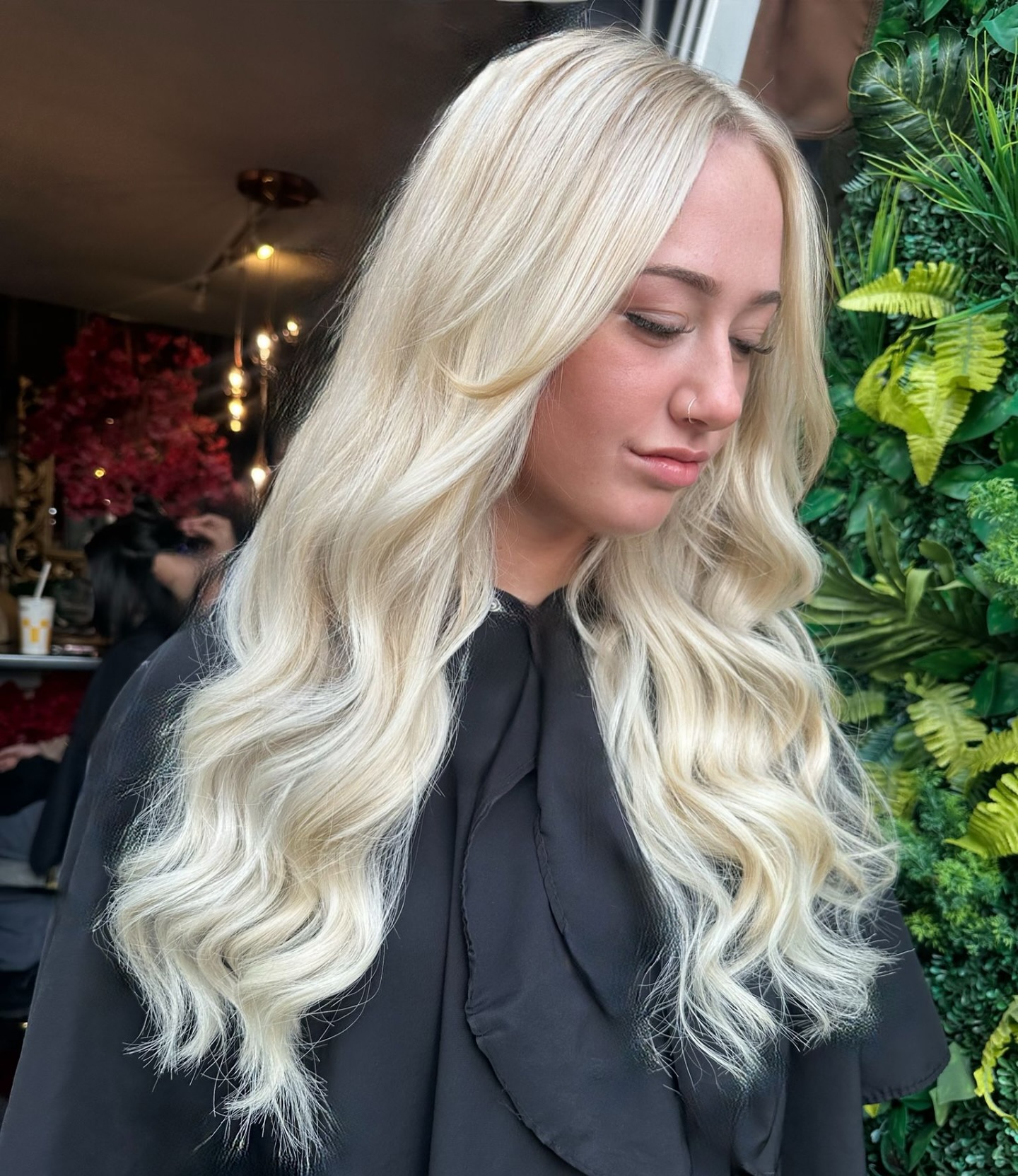 Flowing Platinum Blonde Waves with Natural Roots