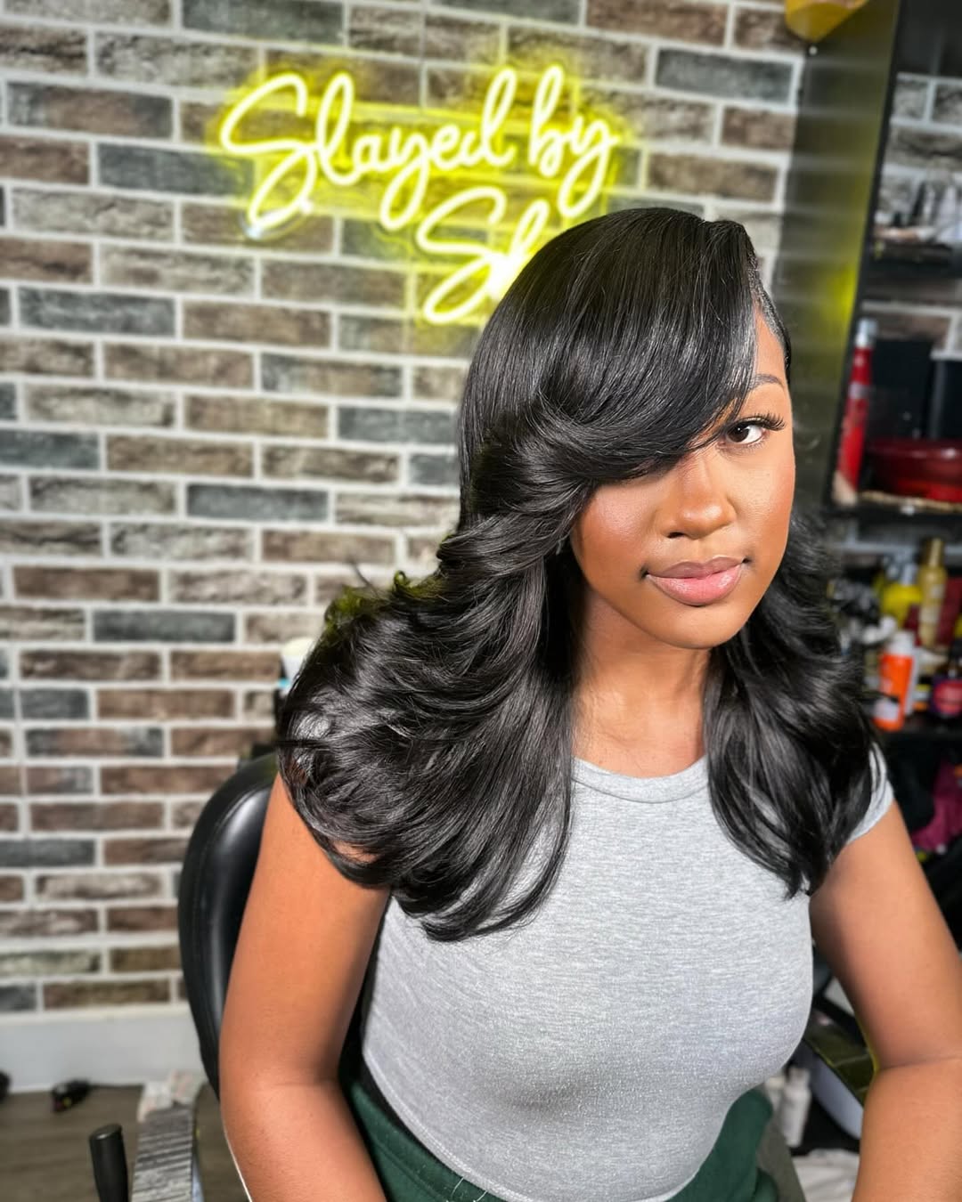 Glossy Black Side-Swept Layers with Volume