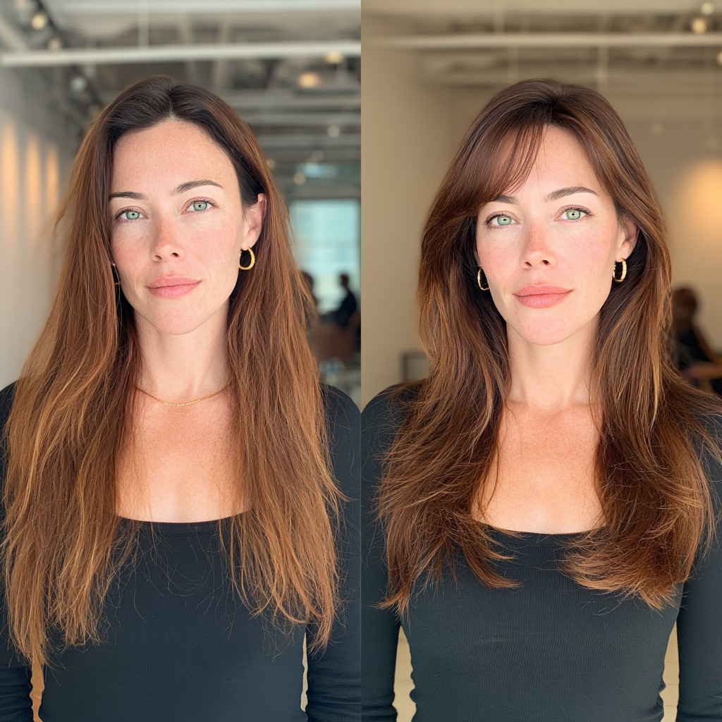 Sleek Auburn Curtain Bangs with Tousled Layers