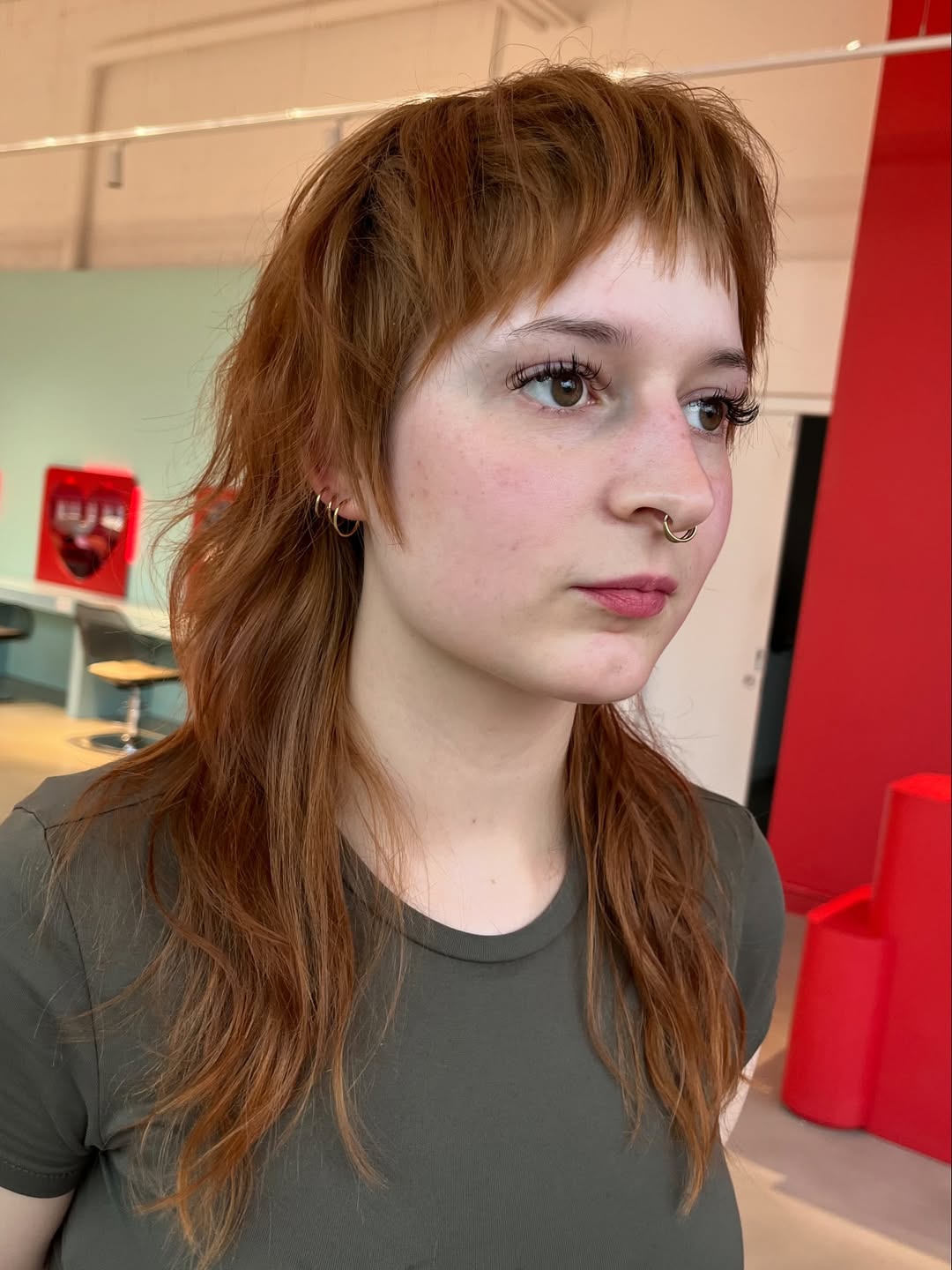 Soft Copper Shag with Side Swept Bangs