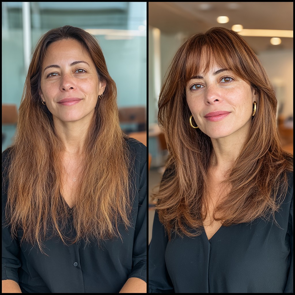 Subtle Layered Transformation with Airy Wispy Bangs