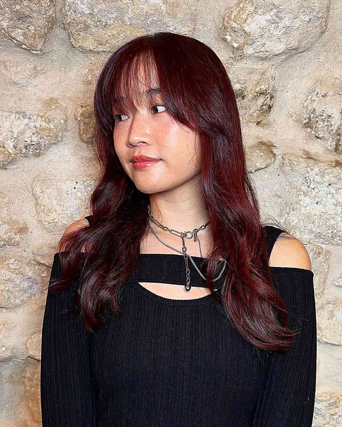 Textured Long Dark Red Hair with Soft Bangs