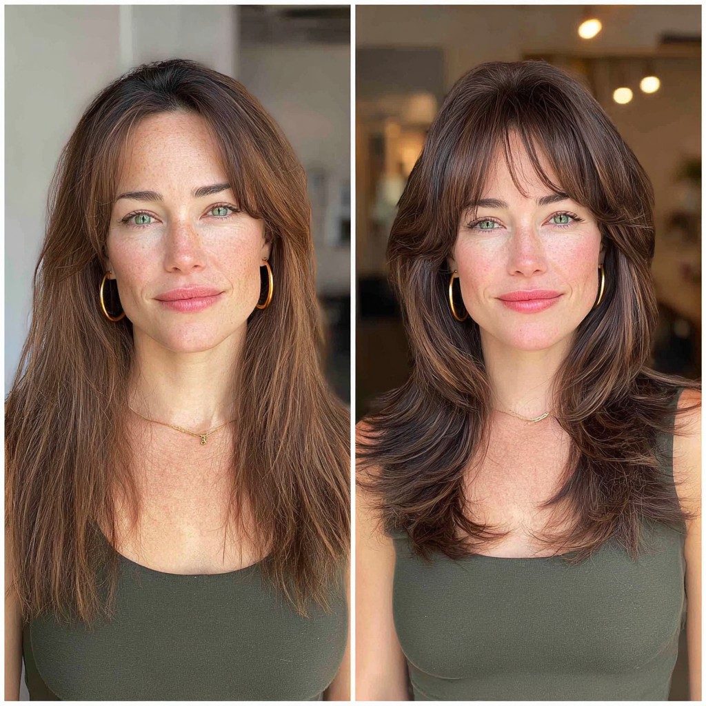 Transformative Layered Chestnut Bob with Fringe