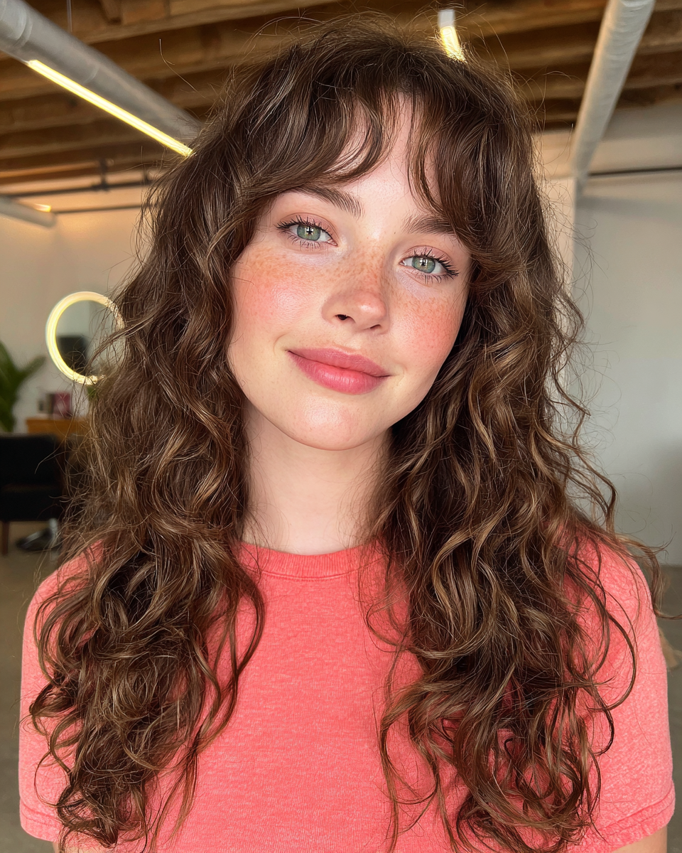 Chic Curly Layers with Soft Face-Framing Bangs