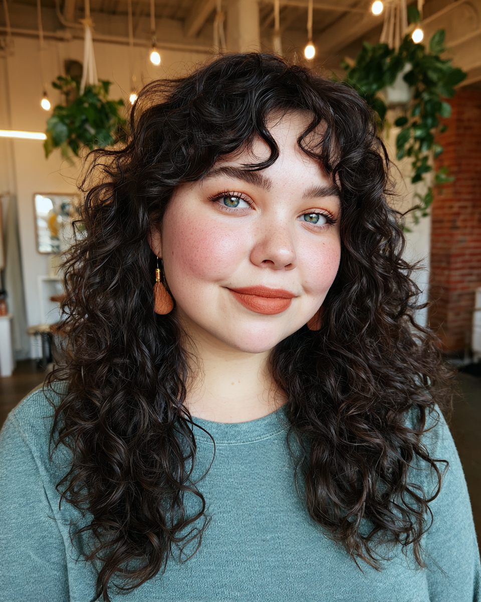 Chic Curly Layers with Face-Framing Bangs