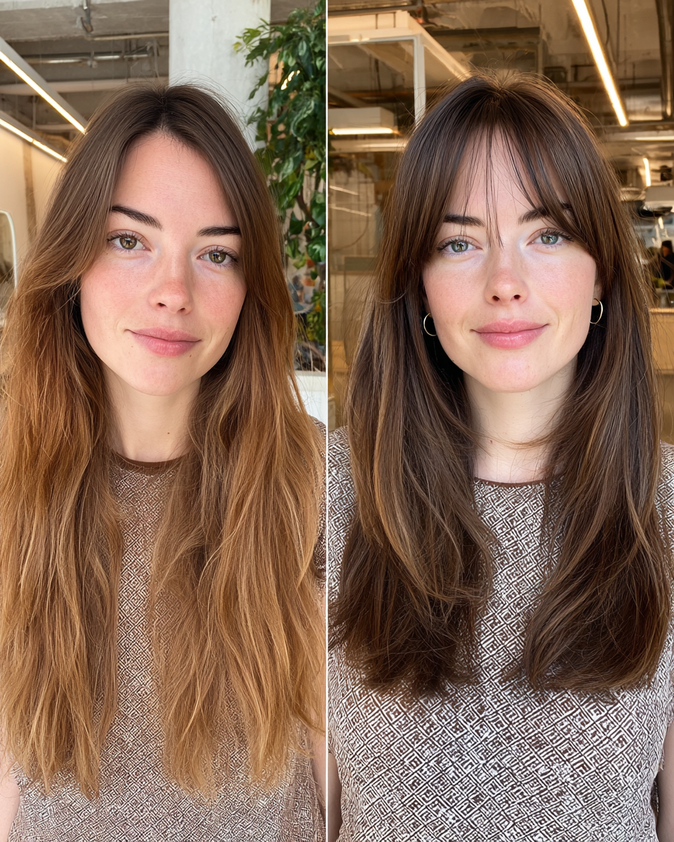 Chic Long Hair with Face-Framing Curtain Bangs