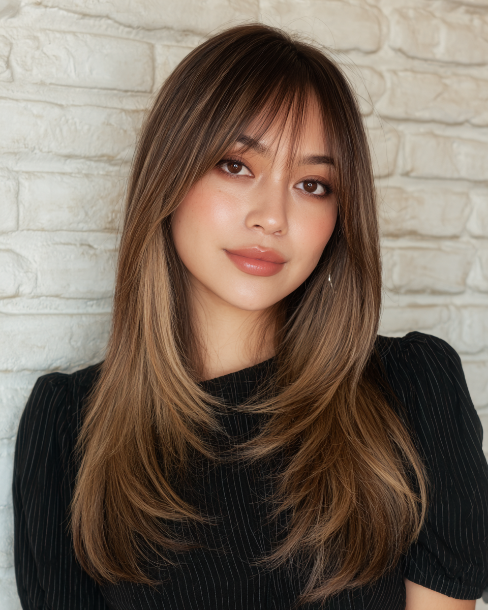 Chic Long Layered Hair with Soft Face-Framing Bangs
